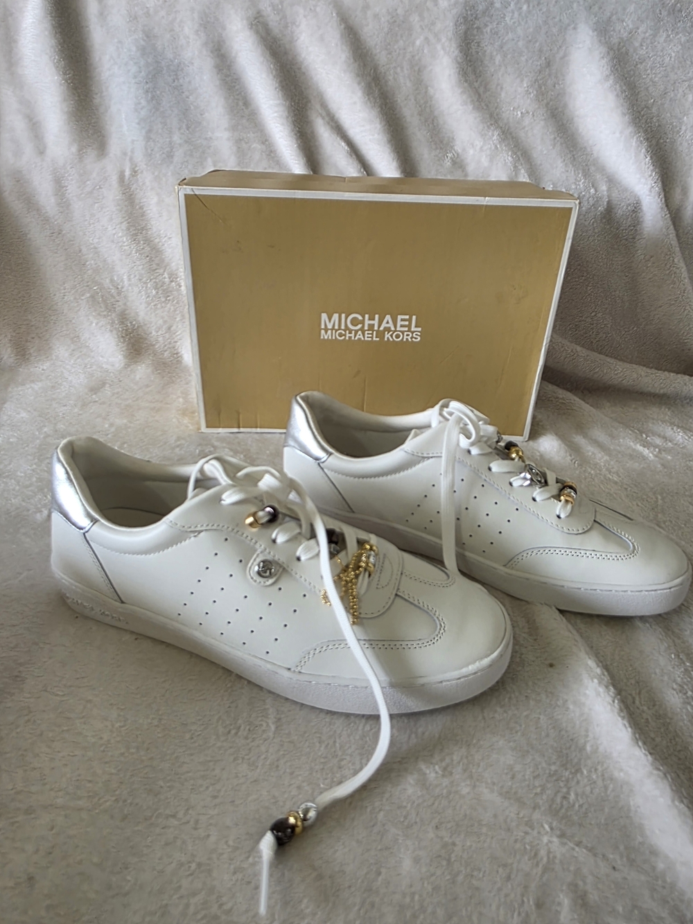 Michael Kors Women’s White Leather Sneakers with Gold Accents